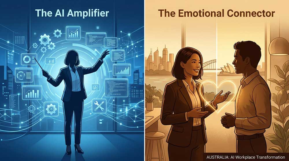 Two human archetypes thriving in AI workplace transformation: the AI amplifier and the emotional connector