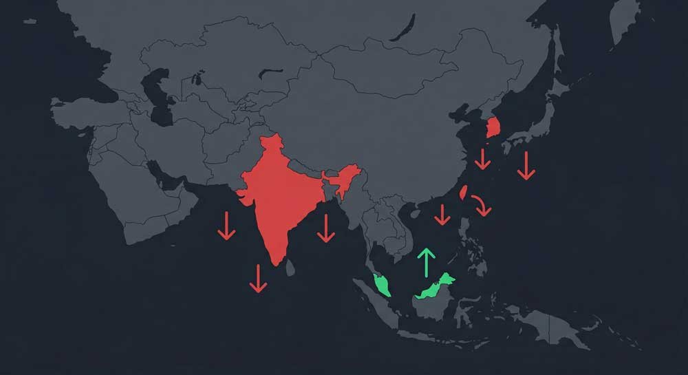 Asian stock market outflows map showing capital flight from South Korea India Taiwan toward Malaysia 2026