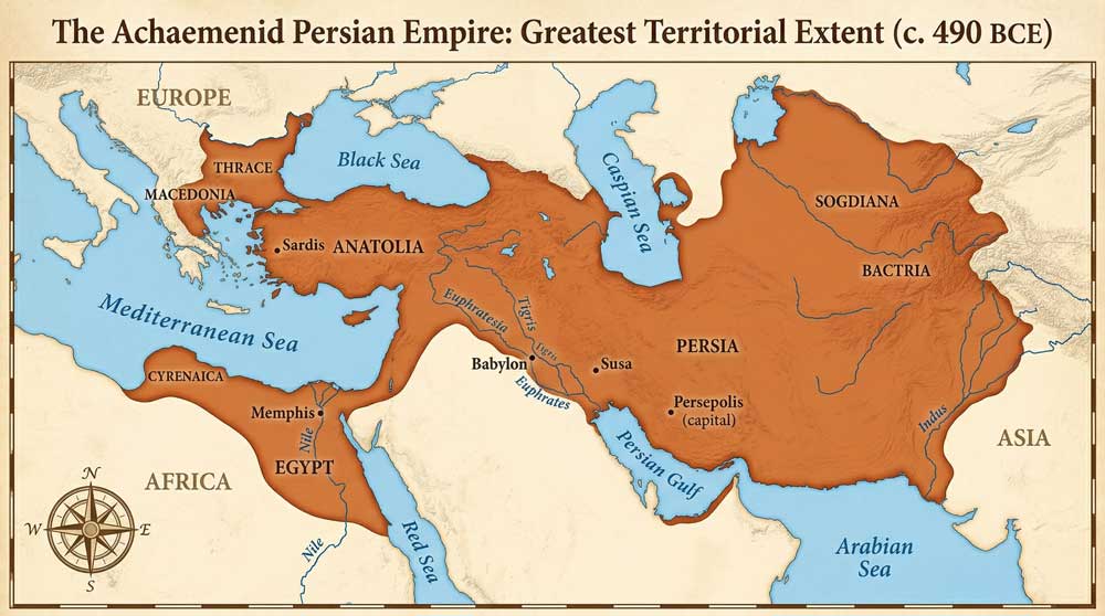 Map showing the Achaemenid Persian Empire built by Cyrus the Great — the Cyrus the Great legacy in Iran spans three continents