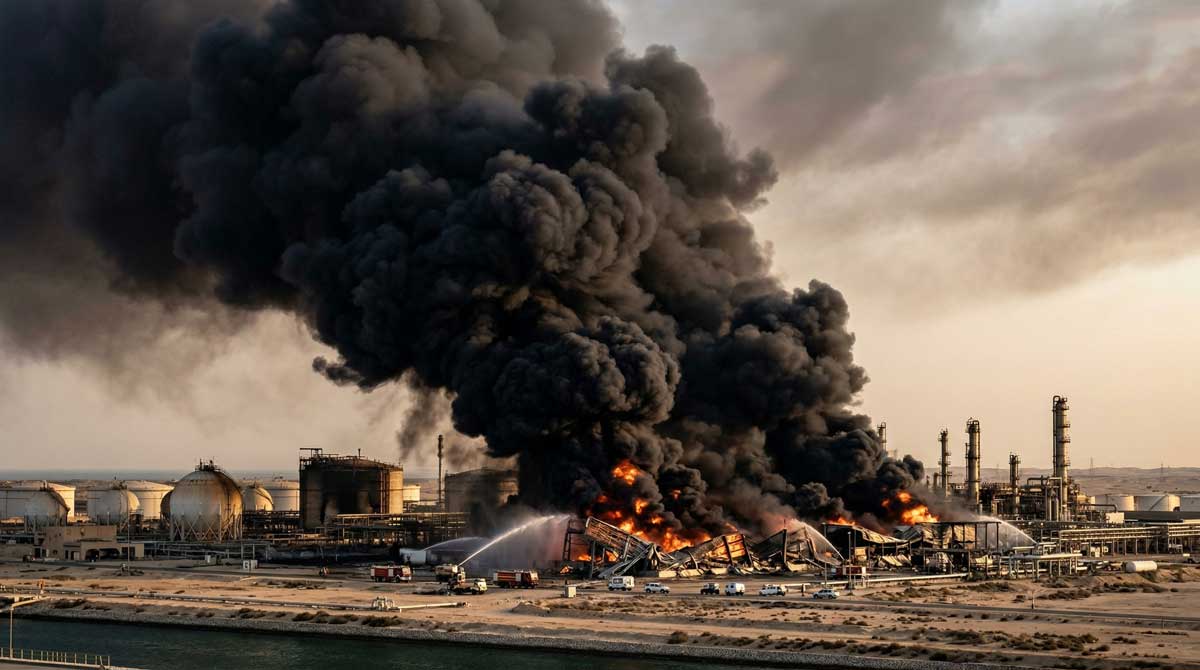 Middle East energy crisis — damaged oil facility with black smoke rising