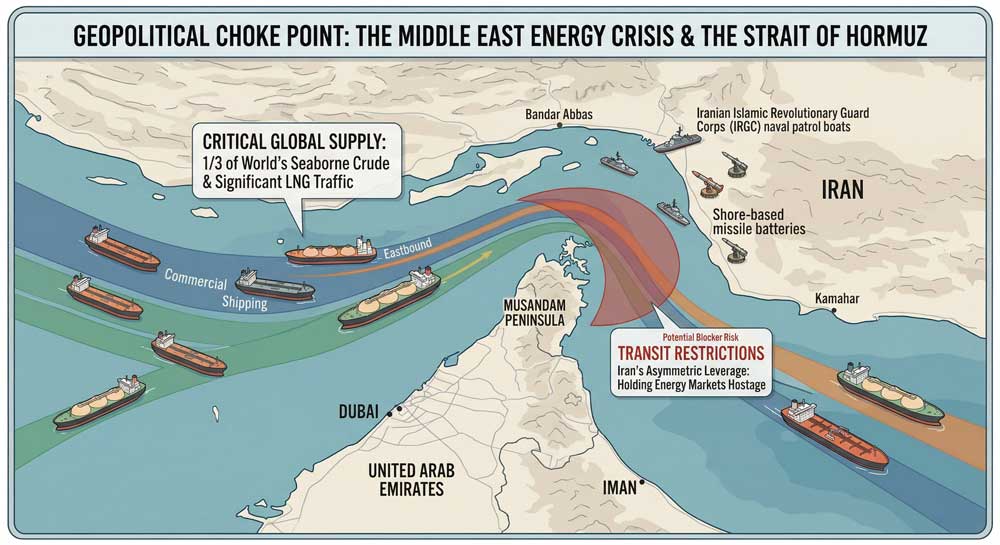 Middle East energy crisis — oil pumpjacks near Strait of Hormuz