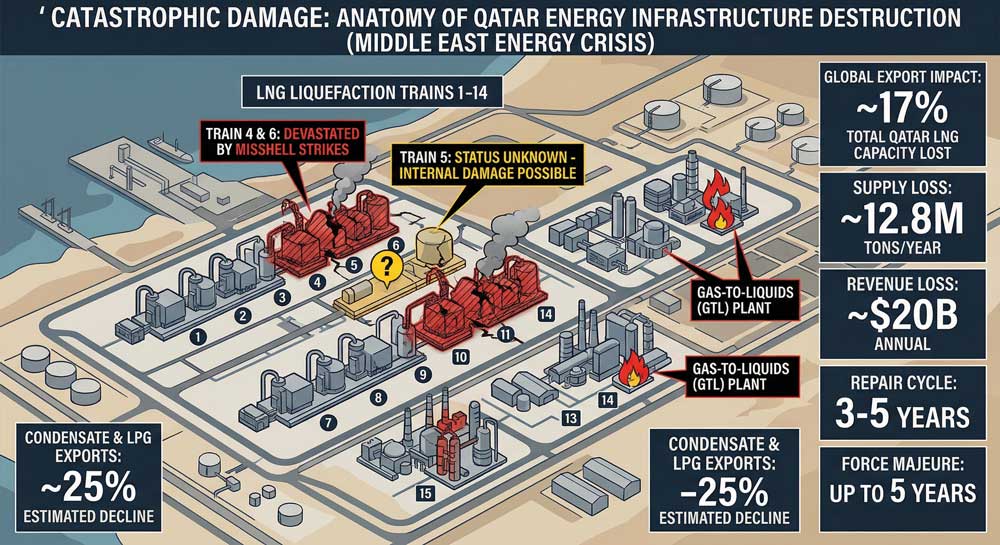 Middle East energy crisis — Qatar LNG infrastructure and power lines at sunset