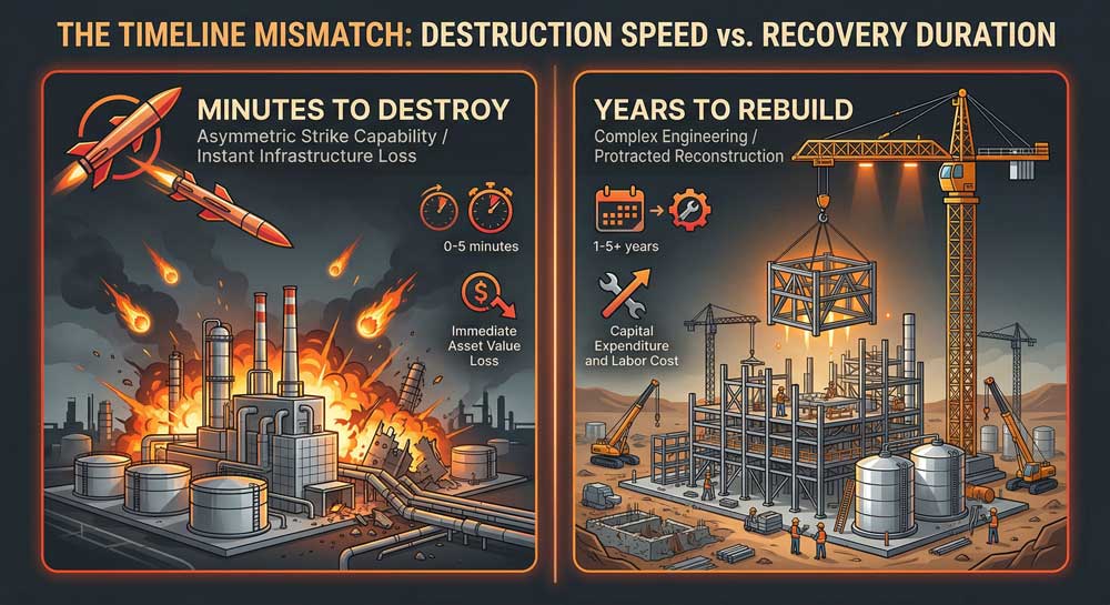 Middle East energy crisis — asymmetric timeline of destruction vs rebuilding energy infrastructure
