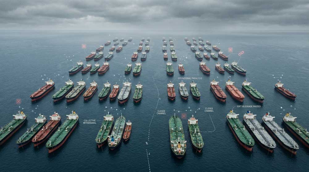 Strait of Hormuz control shipping insurance collapse tankers idle 2026