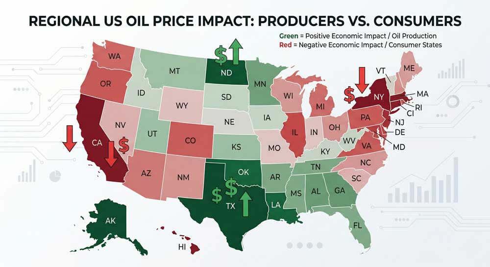 US oil price impact map showing economic winners and losers by state