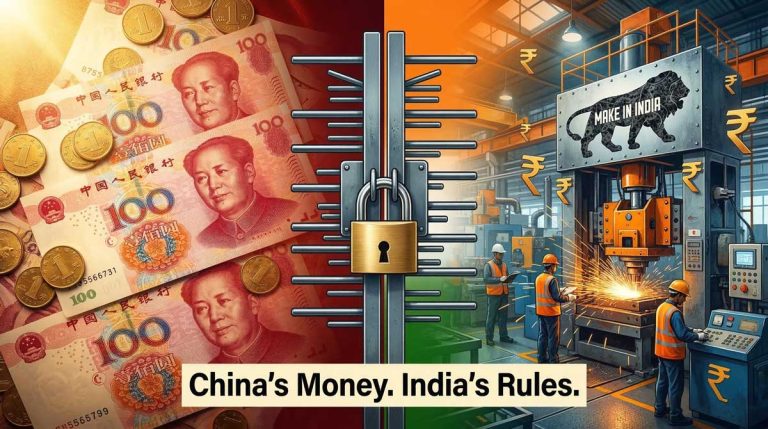 Chinese FDI in India — yuan and rupee split image representing India's strategy to use Chinese capital while blocking Chinese imports