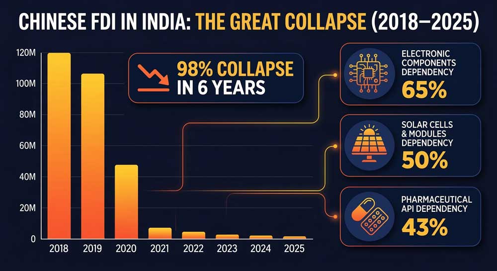 5 Shocking Truths: How Chinese FDI in India Is Being Used to Kill Chinese Imports 3 Chinese FDI in India declined 98% from 2019 to 2025 — bar chart showing investment freefall under Press Note 3