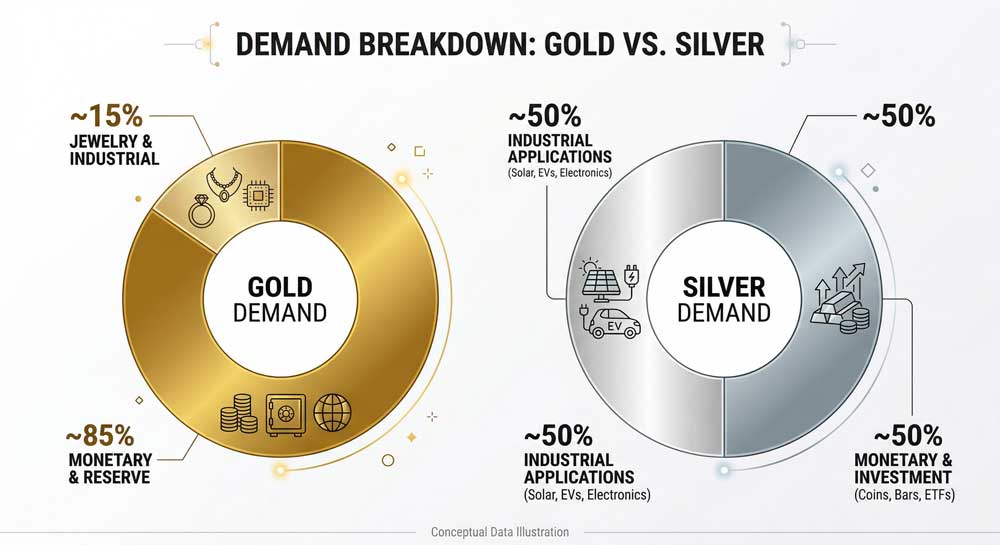 gold safe haven monetary demand versus silver industrial demand breakdown comparison