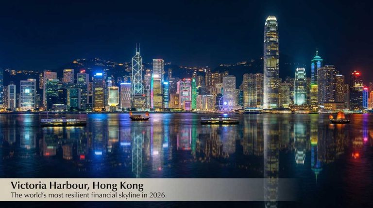 Hong Kong safe haven skyline at Victoria Harbour night 2026