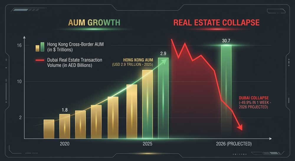 Hong Kong safe haven wealth management AUM growth versus Dubai real estate decline 2026