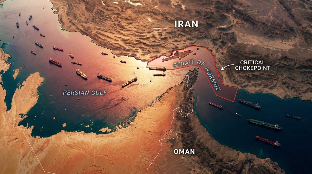 Hormuz Strait oil disruption — oil tankers anchored in the Persian Gulf as Iran blockade halts global energy shipments 2026