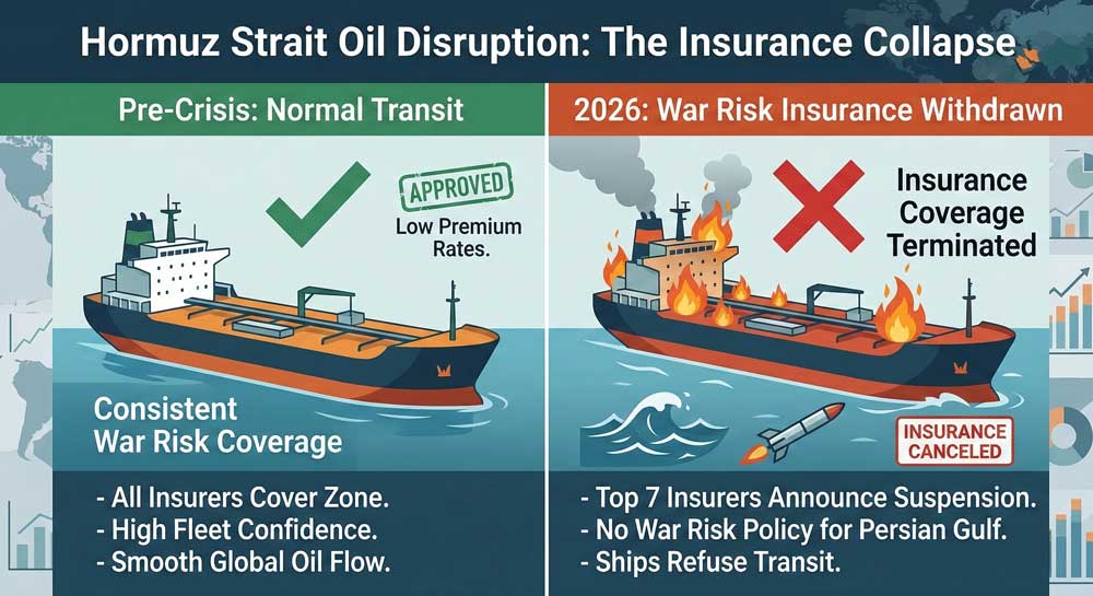 Hormuz Strait oil disruption — maritime war risk insurance 
suspended for Persian Gulf tanker routes 2026