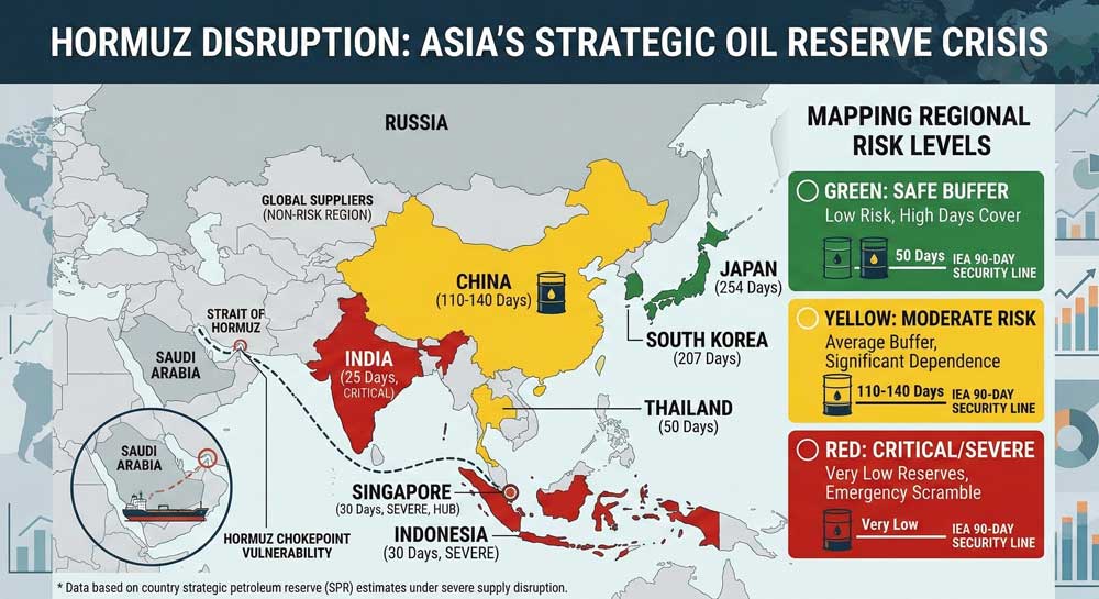 Asia oil reserve vulnerability map — Hormuz Strait oil 
disruption impact by country strategic petroleum reserve days