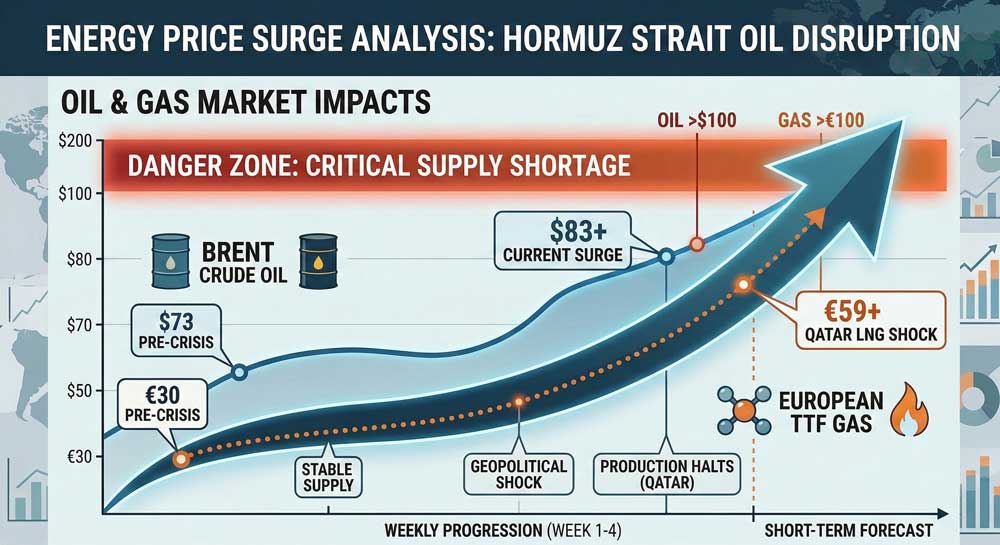 Brent crude and TTF gas price spike chart — Hormuz Strait 
oil disruption drives energy prices toward $100 per barrel 
in 2026