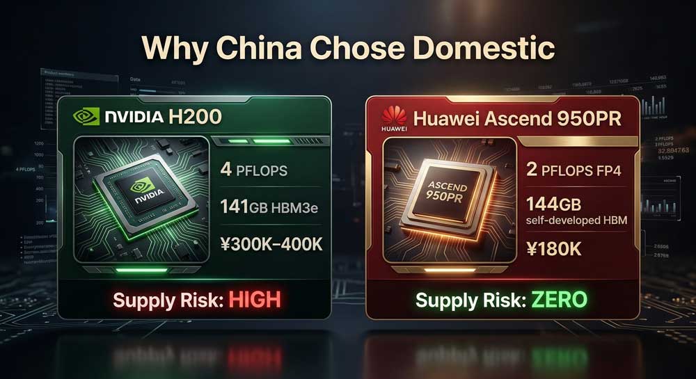 Nvidia H200 chips China cost vs Huawei Ascend 950PR performance comparison 2026