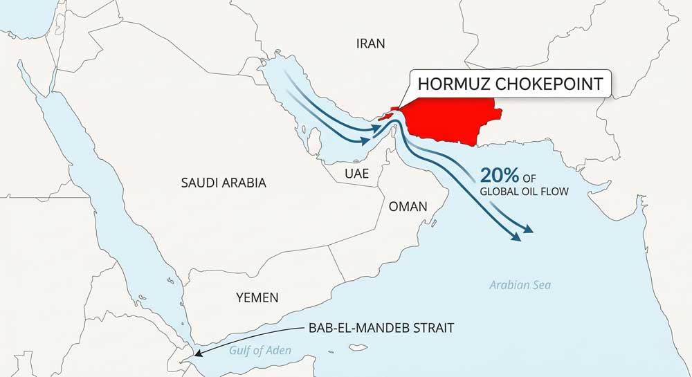 Strait of Hormuz oil chokepoint Middle East crisis global energy supply map