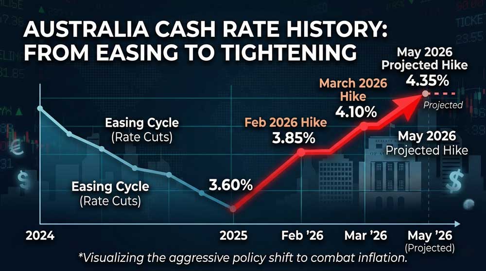 RBA Interest Rate Hike: 5 Shocking Impacts of the 4.1% Surge 2 RBA interest rate hike history 2024 to 2026 cash rate chart