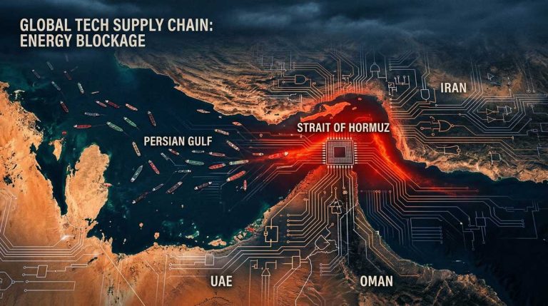 Strait of Hormuz semiconductor crisis map showing stranded LNG tankers and chip supply chain disruption