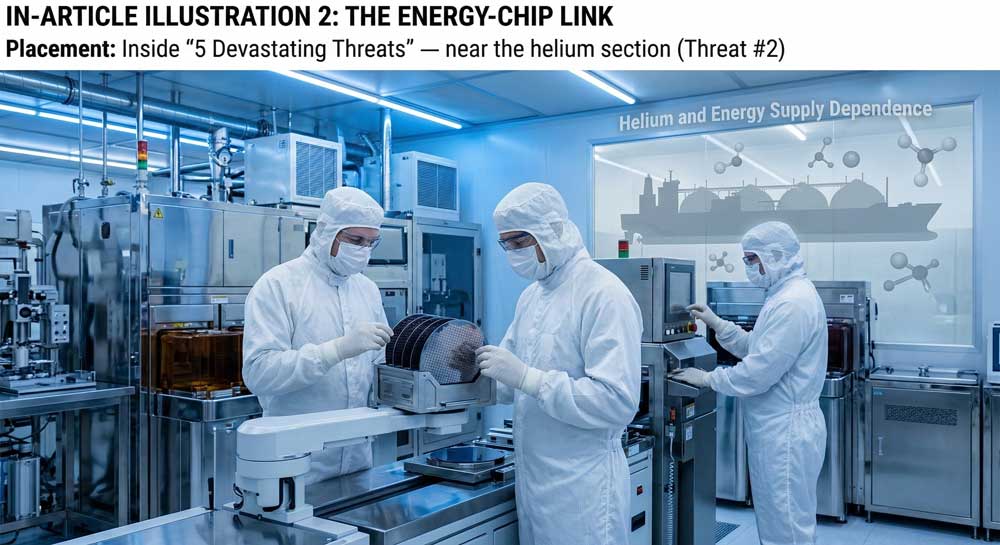 Strait of Hormuz Semiconductor Crisis: 5 Devastating Threats to the Global Tech Supply Chain 3 Semiconductor fab cleanroom affected by Strait of Hormuz
semiconductor crisis LNG and helium supply disruption