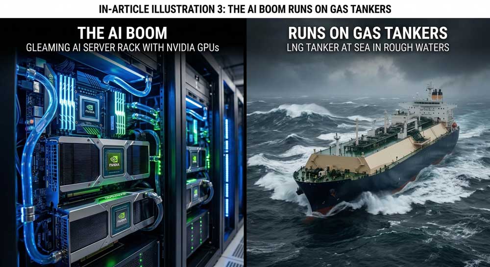 Strait of Hormuz Semiconductor Crisis: 5 Devastating Threats to the Global Tech Supply Chain 4 AI server hardware and LNG tanker illustrating how the Strait
of Hormuz semiconductor crisis links digital tech to fossil fuel supply chains