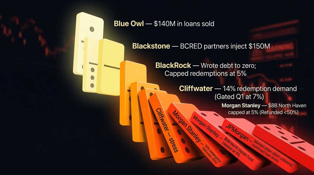 US private credit crisis domino chain BlackRock Cliffwater Morgan Stanley redemption freeze 2026