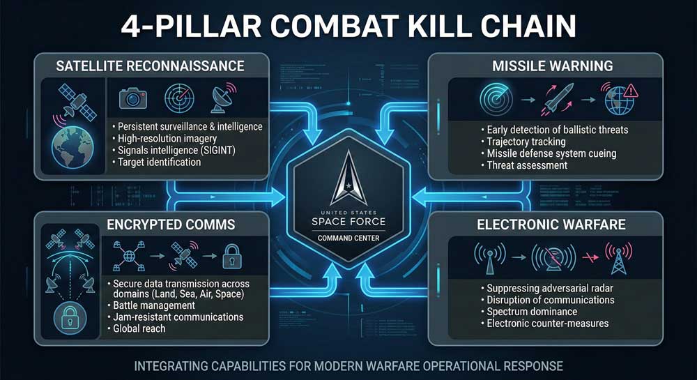 US Space Force combat deployment four-pillar kill chain diagram