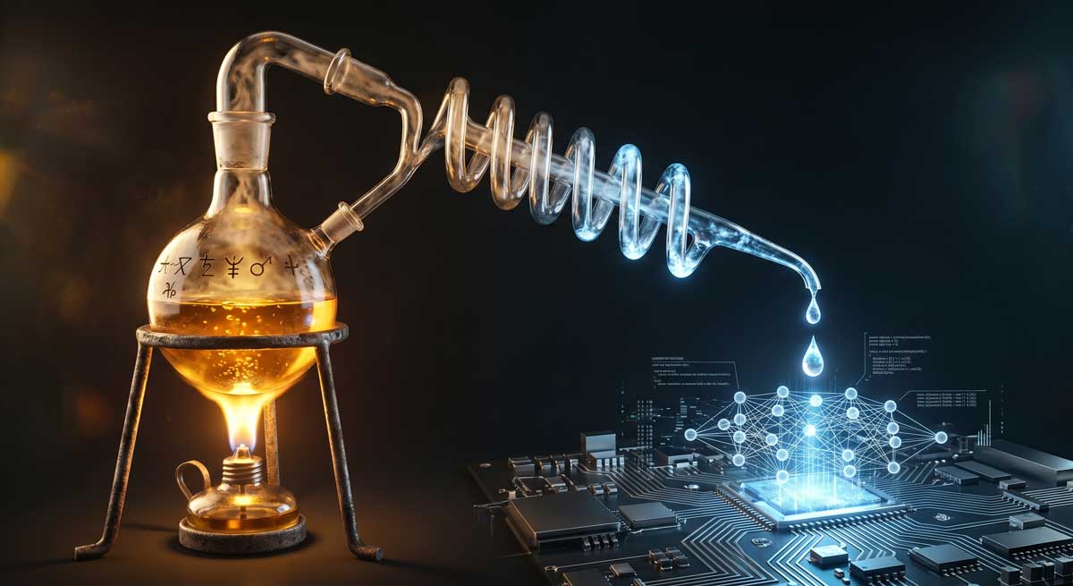 AI distillation process illustrated as alchemical apparatus transforming human knowledge into digital neural networks