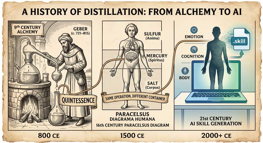 AI distillation compared to alchemical distillation of human essence through history