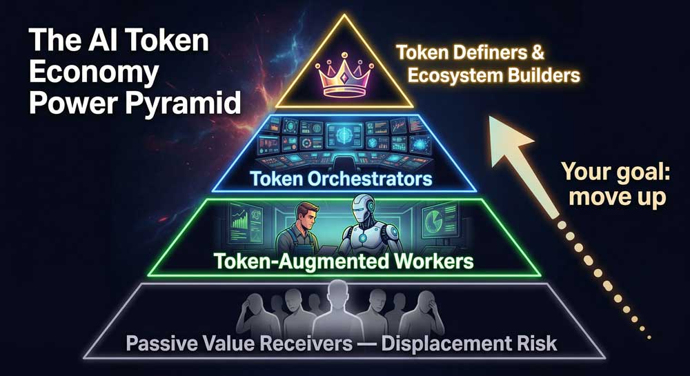 AI Token Economy wealth pyramid showing Token Definers at top and passive workers at risk