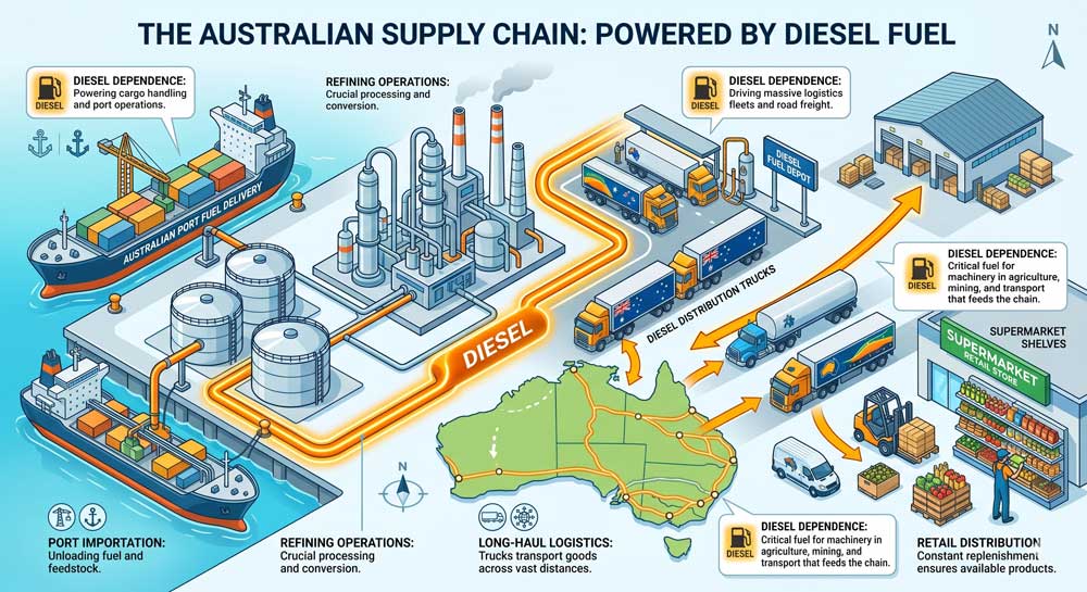 Australian diesel supply chain logistics dependency infographic