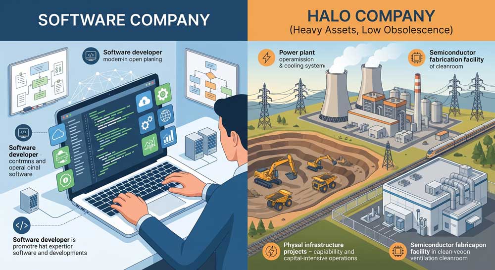 HALO investing vs software companies AI disruption comparison
