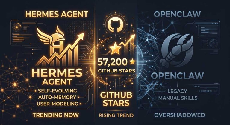Hermes Agent vs OpenClaw comparison diagram showing self-evolving skill architecture and GitHub growth in 2026