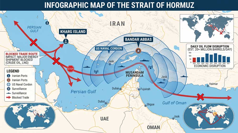 Iran US blockade strategy — map of Strait of Hormuz maritime siege