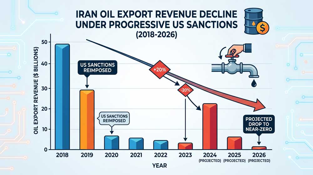 Iran oil export revenue collapse under US maximum pressure sanctions