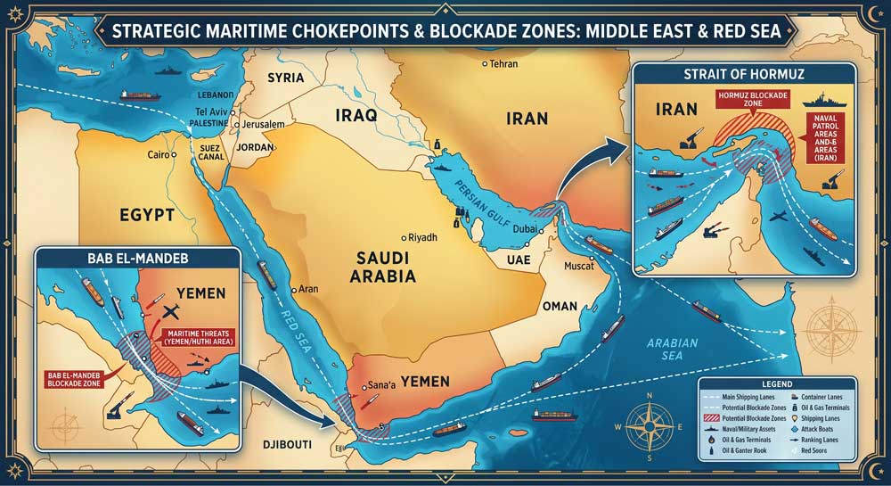Iran oil blockade Bab el-Mandeb Houthi threat map