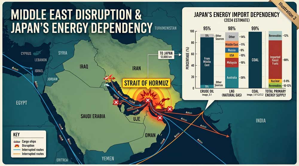 Japan energy import dependency and Strait of Hormuz shipping disruption risk