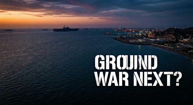 Middle East ground invasion strategy — US amphibious fleet approaching Strait of Hormuz near Bandar Abbas