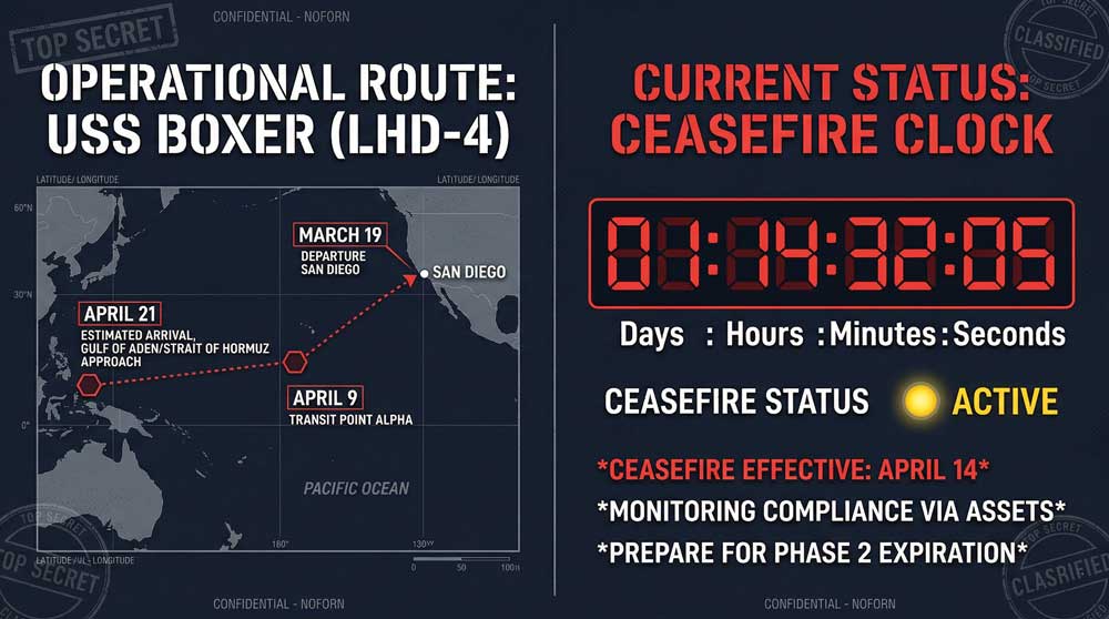 USS Boxer deployment timeline versus US-Iran ceasefire window — Middle East ground invasion strategy logistics map