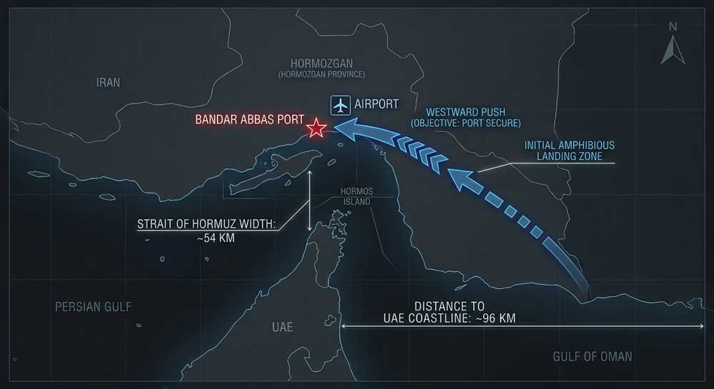 Bandar Abbas amphibious landing approach map — Middle East ground invasion strategy beachhead analysis