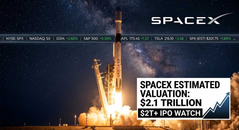 SpaceX $2 trillion IPO rocket launch with market valuation overlay