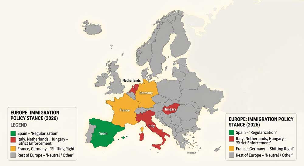 Europe immigration policy map 2026 — Spain vs EU anti-immigration trend