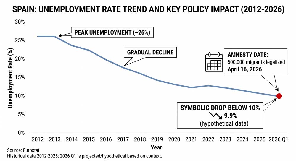 Spain unemployment rate 2012 to 2026 — context for Spain immigration amnesty