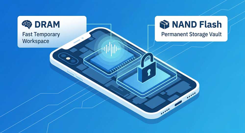 Storage chip prices explained — DRAM vs NAND Flash inside a smartphone diagram