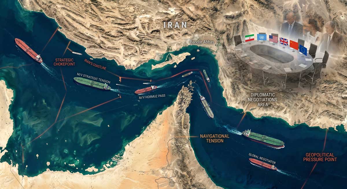 Strait of Hormuz Iran negotiations — aerial view of tankers navigating the strategic chokepoint