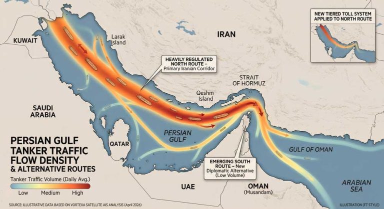 Strait of Hormuz shipping lane map showing North and South transit routes