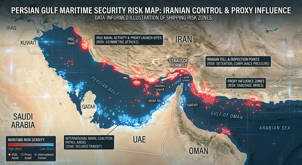 Strait of Hormuz shipping security risk zones Persian Gulf 2026