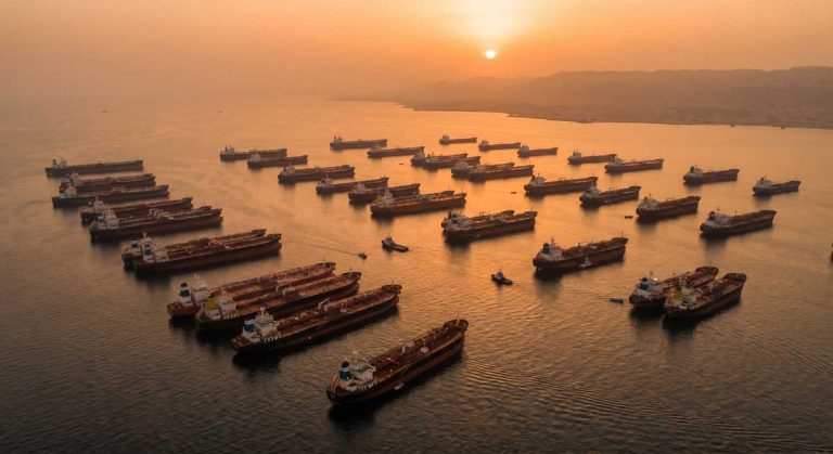 Strait of Hormuz shipping crisis — tankers anchored in the Persian Gulf