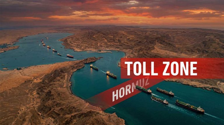 Strait of Hormuz toll zone with supertankers queued between Iran and Oman coastlines