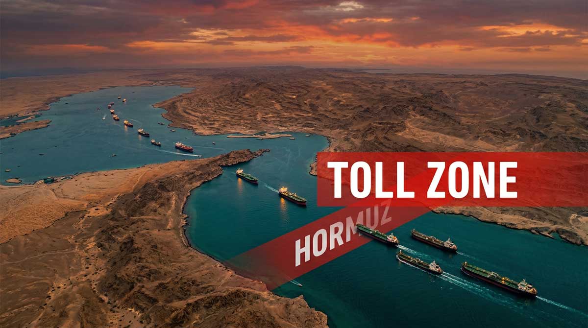 Strait of Hormuz toll zone with supertankers queued between Iran and Oman coastlines