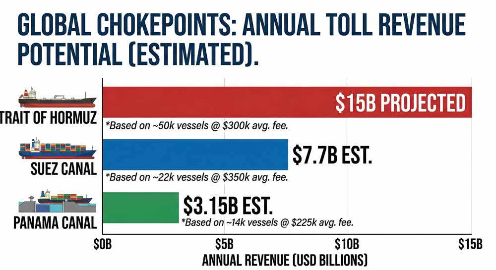 Strait of Hormuz toll revenue compared to Suez Canal and Panama Canal annual earnings